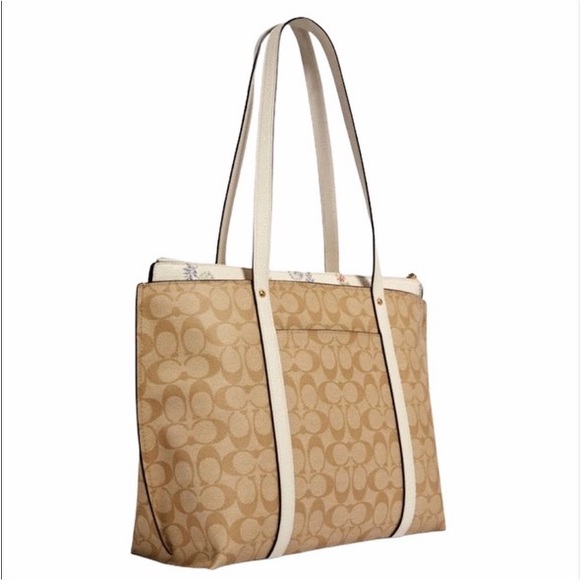 NWT Coach 2320 Signature Floral Print Khaki Chalk Canvas May Large Tote Bag - Picture 2 of 5